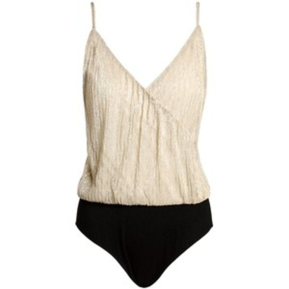Sans Souci Flowy Spagetthi Gold Beige Black Pleated Strap Bodysuit Top L